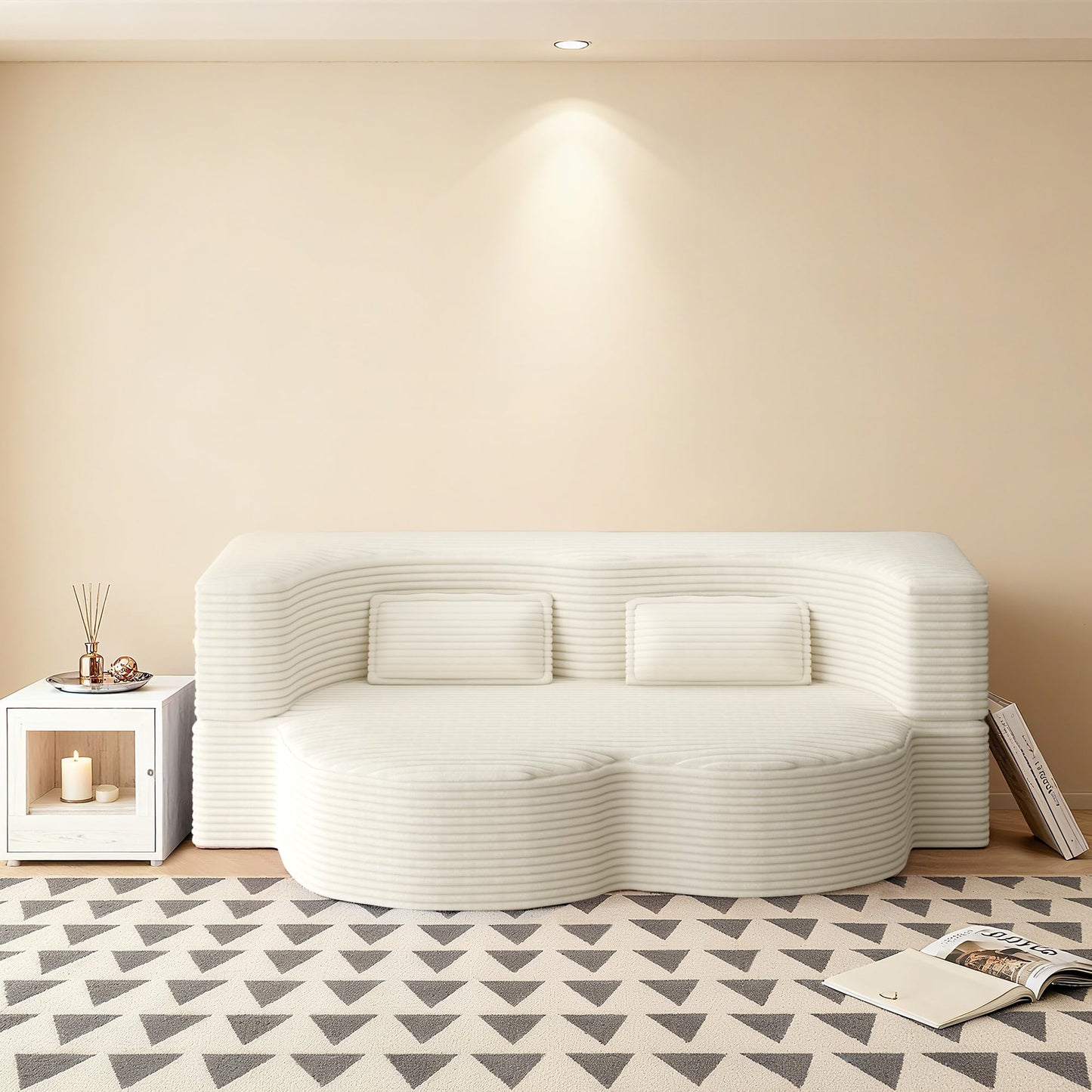 BAYYELL 78" Full Size Convertible Sofa Bed, 2-in-1 Folding Floor Couch with 2 Pillows, Sleeper Sofa for Living Room and Bedroom, No Assembly Required (Beige, Corduroy Fabric)