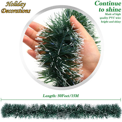 50FT Green Christmas Tinsel Garland Decorations to Christmas Tree, Thick and Thin Metallic Streamers Foil Tinsel Twist Garland Decor for Home Indoor Outdoor Party Supplies