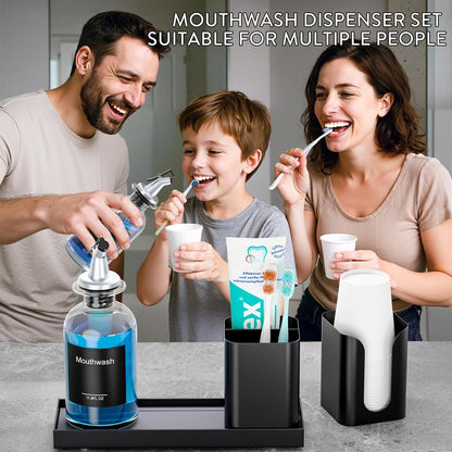 Moforoco Glass Mouthwash Dispenser with Toothbrush Holders, 11.8Oz Mouth Wash Bottle Container with Cup Holder, Funnel, Labels, and Drying Stone Tray, Bathroom Decor Accessories Set, Black