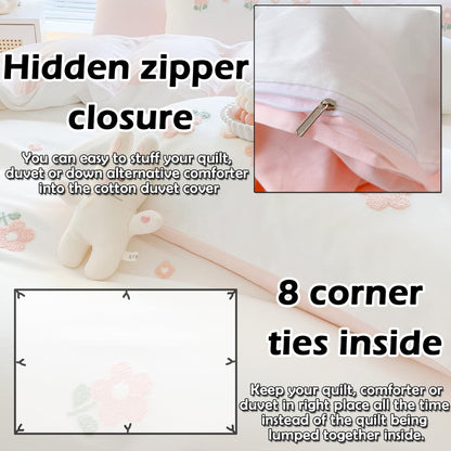MorroMorn Cotton Duvet Cover Queen Size, 3D Embroidery Floral Bedding Sets, Fluffy Chenille Embroidered Comforter Covers Breathable for Girls Kids (Flowers White Full/Queen, Comforter Not Included)
