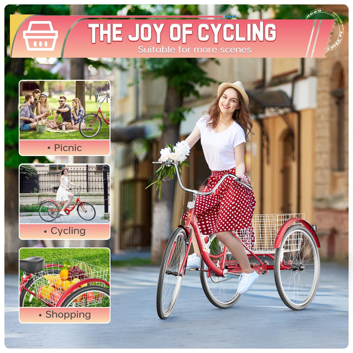 MarKnig 1 Speed Adult Tricycle, 24 Inch 3 Wheel Bikes with Large Basket, Cruiser Bike for Women/Men/Seniors, Adult Trike for Outdoor/Shopping/Recreation/Picnic (Red)