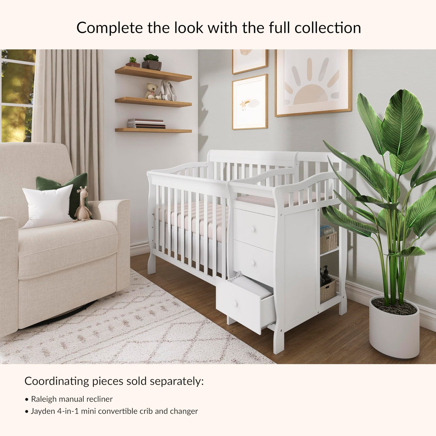Dream On Me Jayden 4‑in‑1 Mini Convertible Baby Crib & Changer with Storage in White, Pinewood, GreenGuard Gold & BSA, 1” Mattress Pad, 3 Mattress Heights, Converts to Mini Day & Twin-Size Bed