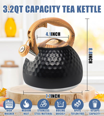 Foedo Tea Kettle Stovetop, 3.2 Qt Stainless Steel Whistling Kettle for Stove Top, Food Grade Teapot with Wood Pattern Handle for Coffee, Milk etc, Gas Electric Applicable (Black)