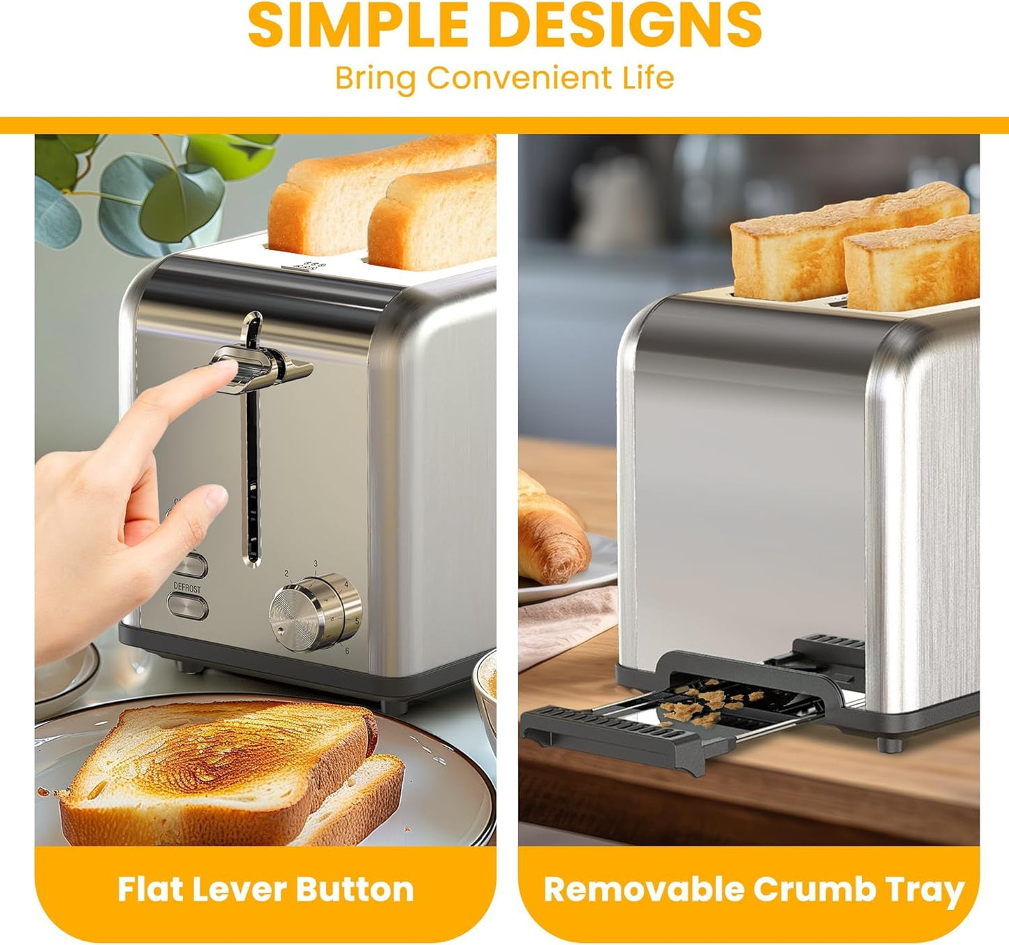 Simple Deluxe 2-Slice Toaster - 3 Function, 6 Browning Settings, Extra Wide Slot & Removable Crumb Tray