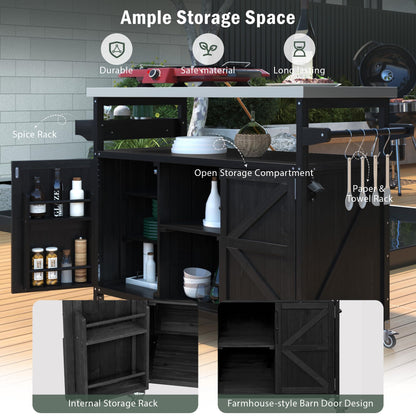 Ball & Cast Outdoor Kitchen Island,Rolling Bar Cart & Storage Cabinet,Farmhouse Solid Wood Outdoor Grill Table with Stainless Steel Top,Spice and Towel Rack,for Kitchen,Barbecue,Black,50.25"
