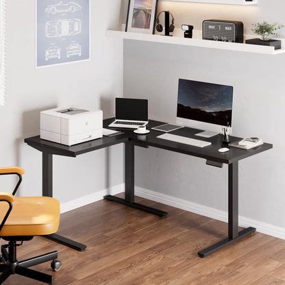 FLEXISPOT L Shaped Standing Desk, 63 x 47 Inch Electric Height Adjustable Corner Desk, Sit Stand Computer Workstation, Preset Controller, Home Office, Black Frame with Black Top