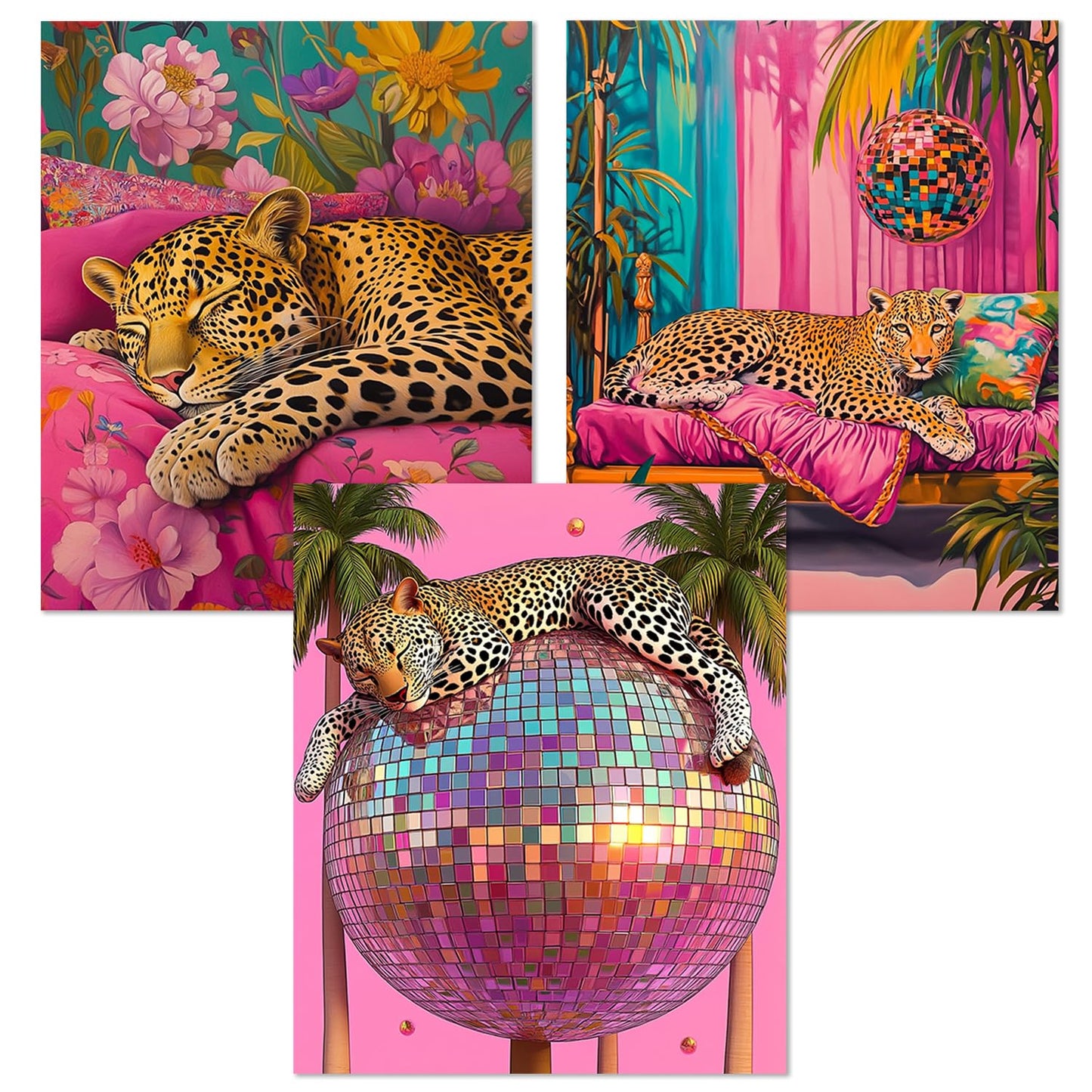 JWVK Trendy Maximalist Pink Cheetah Diamond Art Kits 3 Pack, Funky Retro Leopard Disco Ball Preppy DIY Diamond Gem Painting Art Kits for Girls Kids Adults Beginners, Cheetah Room Decor 10x11.8 Inch