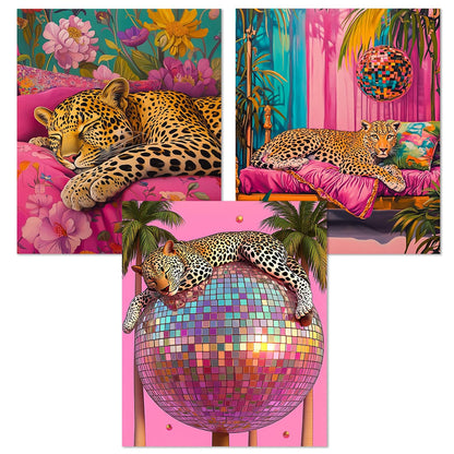 JWVK Trendy Maximalist Pink Cheetah Diamond Art Kits 3 Pack, Funky Retro Leopard Disco Ball Preppy DIY Diamond Gem Painting Art Kits for Girls Kids Adults Beginners, Cheetah Room Decor 10x11.8 Inch