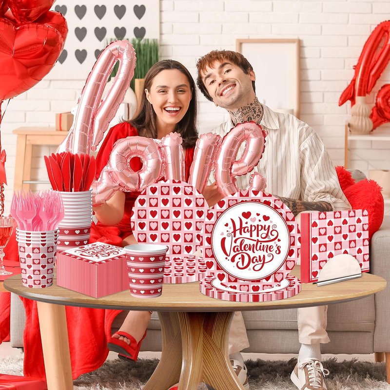 144Pcs Valentine's Day Party Plates and Napkins,Valentines Day Party Supplies Red Pink Love Heart Valentines Day Theme Tableware Set for Valentine Birthday Wedding Serve 24