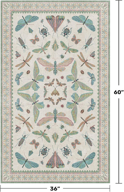 Regine Switzerland Washable Sage Green Large Entryway Rug - Non-Slip Vintage Floral Design, 3x5