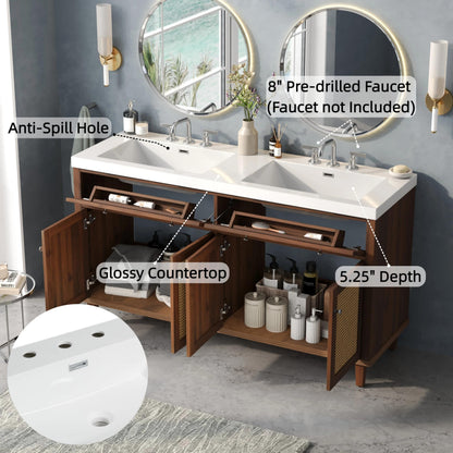 Merax 60 Inch Bathroom Vanity with Double Sink (SMC Sink), Large Storage Space with 2 Tip-Out Trays/Flip-Out Drawers and 4 Soft Closing Doors, Solid Wood Legs and Silver Metal Knobs, Brown