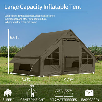 Inflatable Tent with Pump, 4-6 Person Glamping Camping Tents House, Easy Setup Blow Up Family Tents for 4 Seasons Waterproof Inflatable Tent for Camping Wind Resistant Air Tents House for Adult
