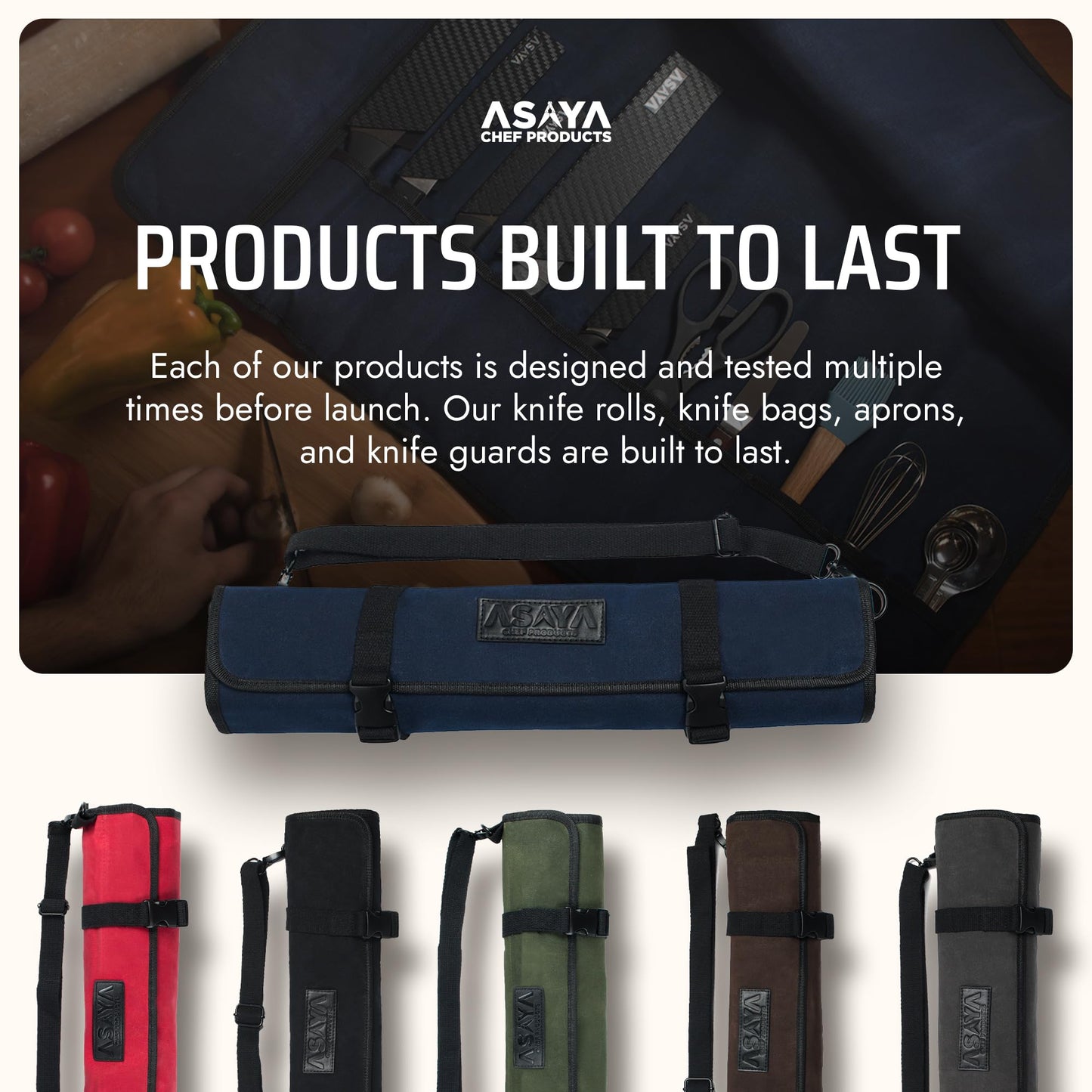 Asaya Waxed Canvas Chef Knife Roll Bag with 10 Slots and a Zipper Pocket - Professional Chef Knife Bag & Storage Case, with Shoulder Strap - Knives Not Included (Blue)