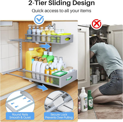 Under Sink Organizer by [Brand Name] - 2 Pack 2 Tier Pull Out Cabinet Storage with Mesh Drawers | Grey
