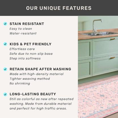 Oushak Rugs | Washable Pink & Blue 8x10 Area Rug - Soft Faux Wool, Modern Floral Design, Non-Slip
