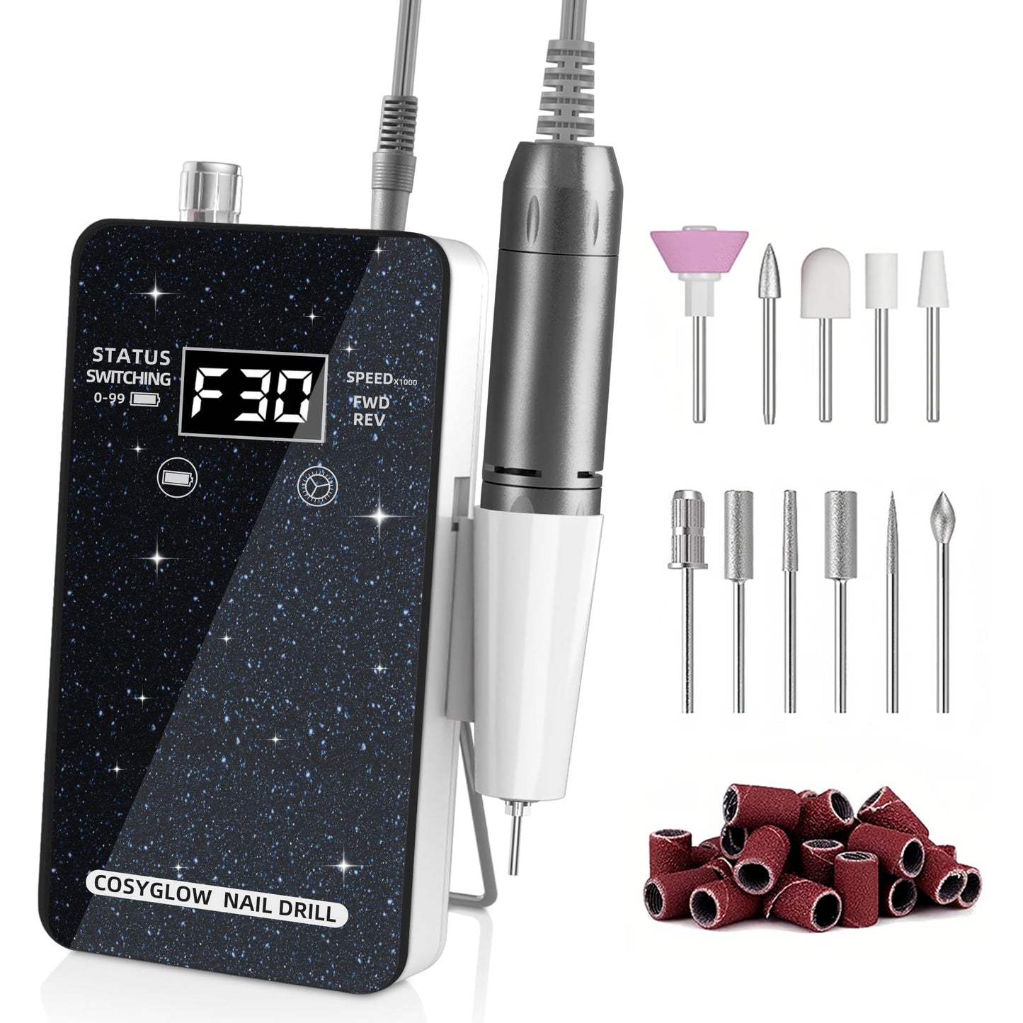 Professional Electric Nail Drill File:COSYGLOW Glitter Portable Cordless E-File Nail Drill Kit with 11 Drill Bits,30000 RPM Rechargeable Nail Drills Machine for Acrylic Nails Gel Polishing (Pink)
