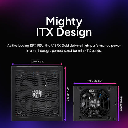 Cooler Master V750 SFX Gold 750W Small Form Factor PSU ITX SFF Power Supply, Fully Modular, 80 Plus & Cybenetics Gold Certified, ATX 3.1, PCIe 5.1 Ready, 90° 12VHPWR Cable, 10-Year Warranty, Black