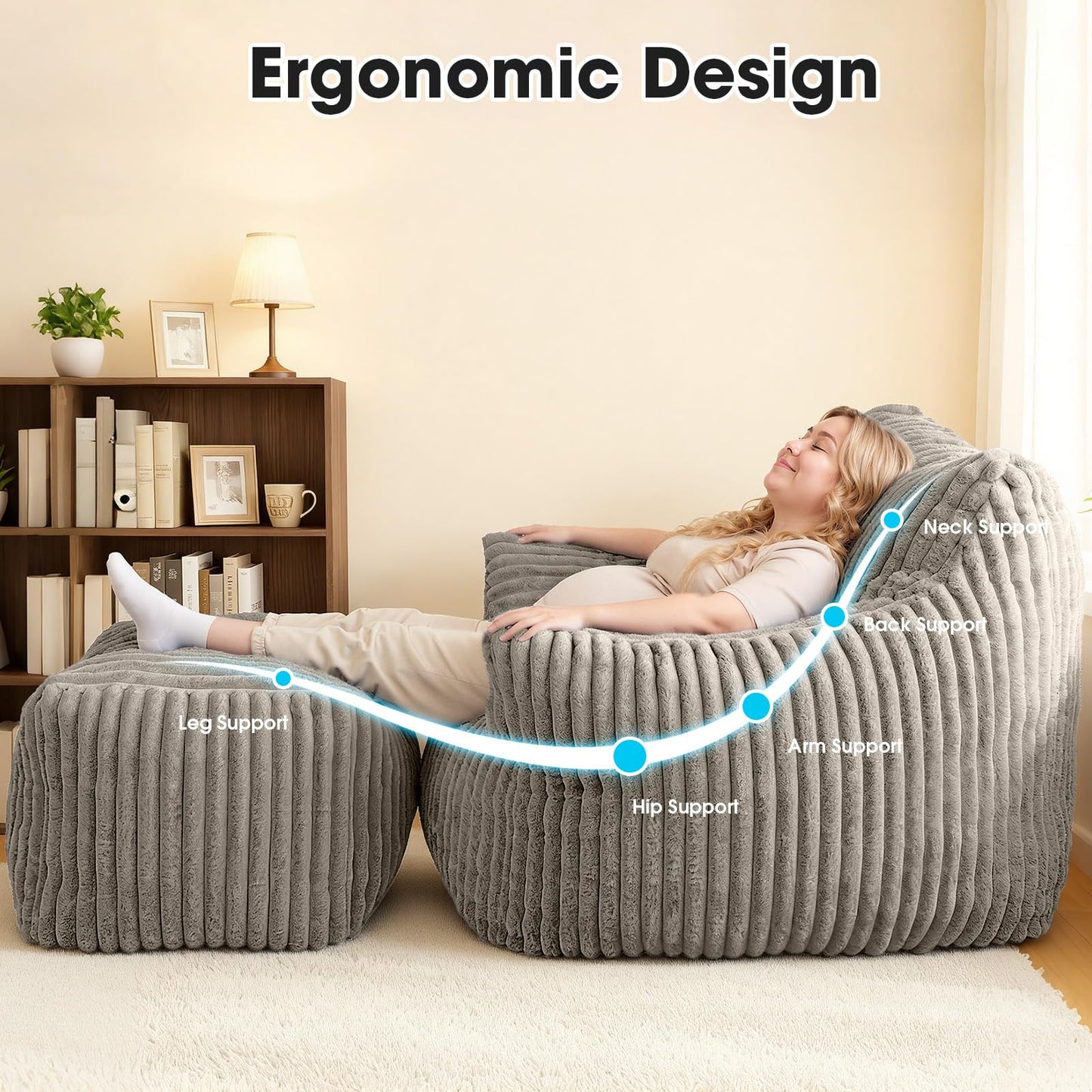 HarborHue Giant Bean Bag Chair with Ottoman, Oversized Memory Foam Bean Bag Sofa for Adults and Kids, Large Comfy Fluffy Single Lounges Mini Couch for Living Room, Bedroom & Dorm(Taupe)