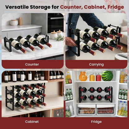 STAEVER Black Wine Rack for 12 Bottles – Stackable & Expandable Metal Wine Bottle Holder for Bar Counter, Cabinet, Pantry, or Small Spaces – Modern Freestanding Wine Storage Shelf (3 Tier, Black)
