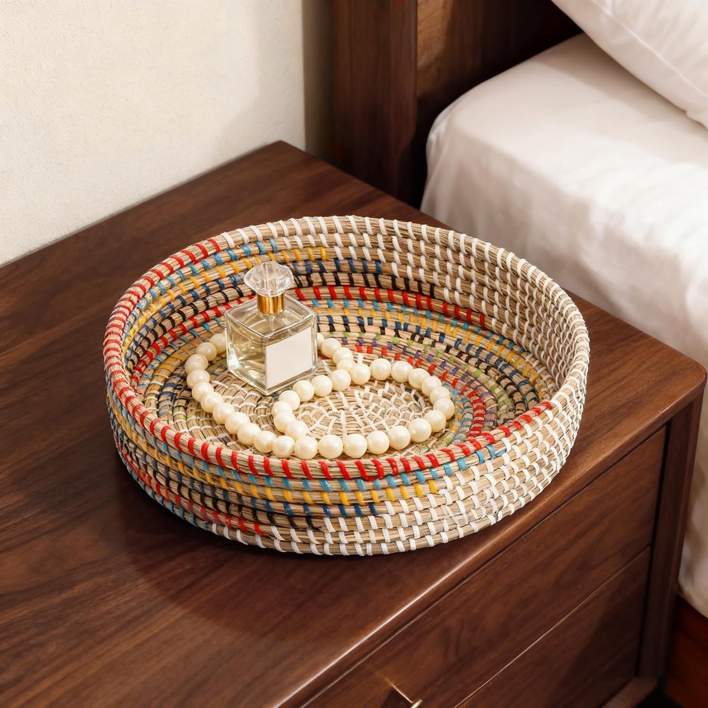 12'' SOUJOY Woven Seagrass Serving Tray, Rattan Serving Tray, Handmade Round Ottoman Fruit Tray, Colorful Coffee Table