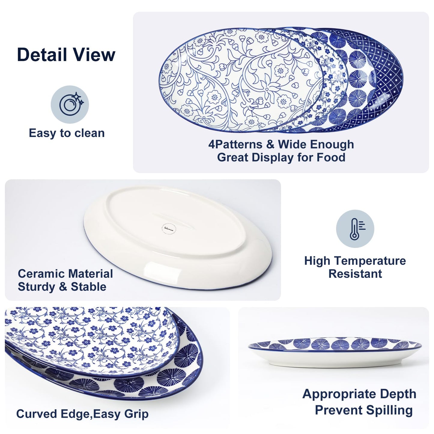 Selamica Serving Platters Ceramic, 12 Inch Serving Dishes for Party Entertaining, Oval Serving Plates for Sandwich, Appetizer, Fruit, Microwave Dishwasher Safe, Set of 4, Vintage Blue
