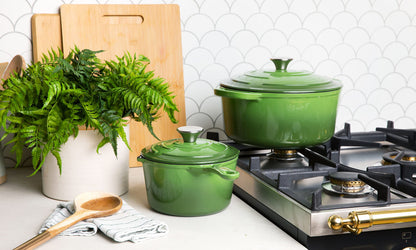 Larder & Vine 5-Piece Enameled Cast Iron Cookware Set - Includes 5.7 Quart Dutch Oven with Lid, 10.25 Inch Skillet, 2.2 Quart Saucepan with Lid (Okra)