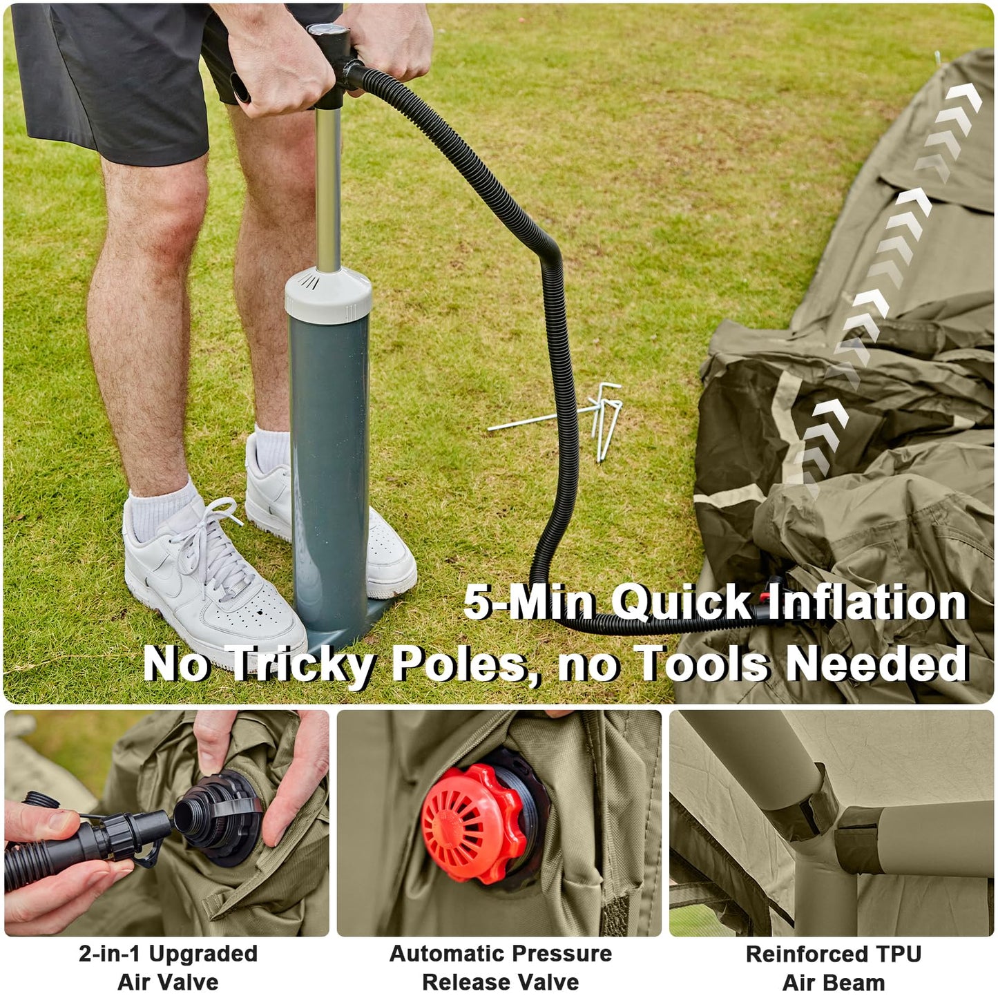 Inflatable Tents for Camping, 4-6 Person Easy Blow Up Tent with Hand Pump,4 Seasons Waterproof Air Inflatable Camping Tent House for Family Weekend Camping，Green
