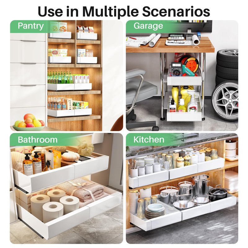 Pull out Cabinet Organizer, Wider Expandable(14"-24") Heavy Duty Slide out Drawers Fixed with Adhesive Nano Film for Pots, Roll out Shelf Storage for Kitchen Cabinet Organization(White-1pc)(3 Rails)