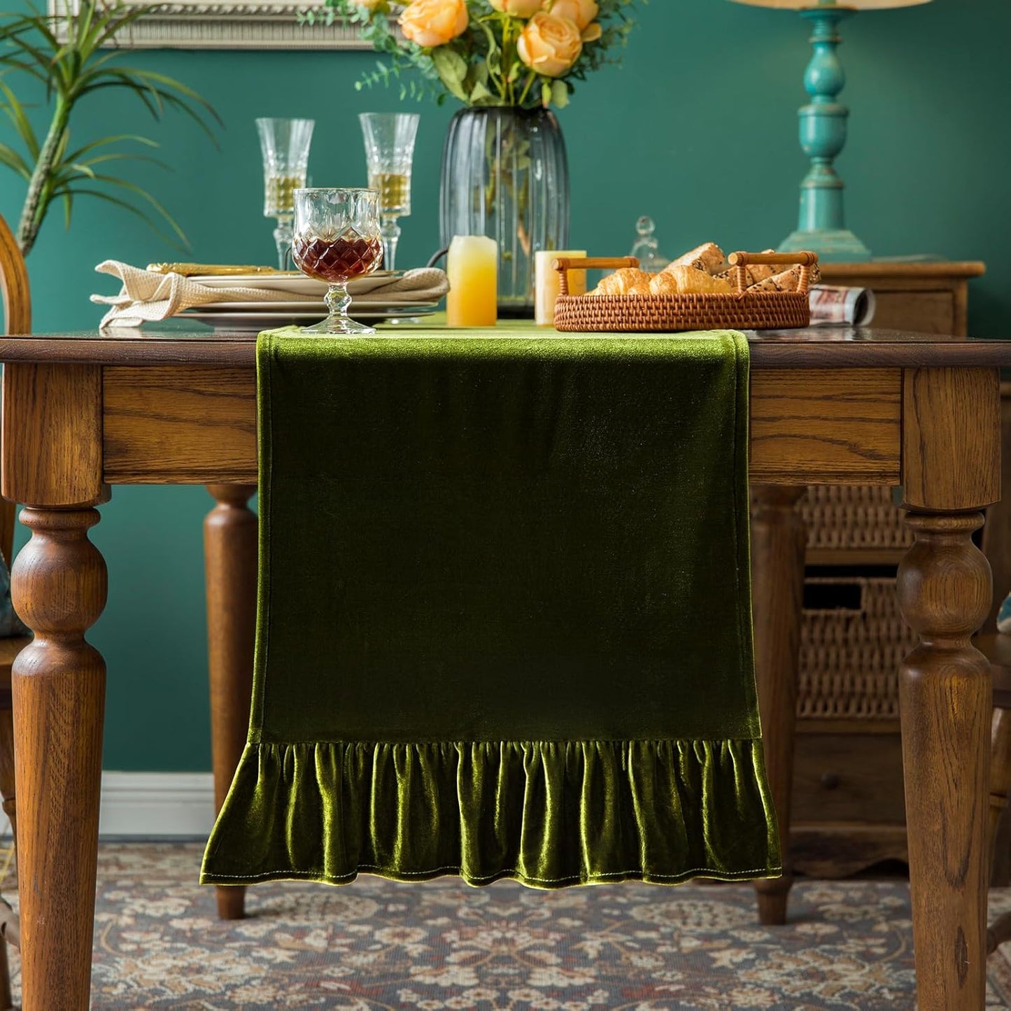 120 Inches Green,14x120 Inch Velvet Table Runner Soft Decorative Luxurious Solid Long Tablecloth with Retro Ruffle