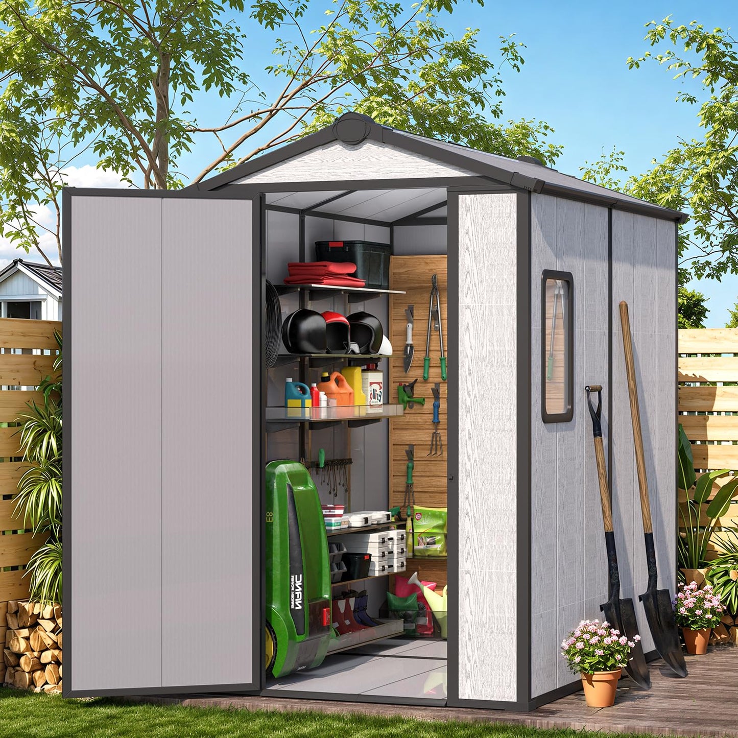 MELLCOM 4 x 6 FT Resin Outdoor Storage Tool Shed with Floor, Plastic Outdoor Storage Shed with Windows and Lockable Door, Garden Shed for Lawnmower, Pool Supply, Bike