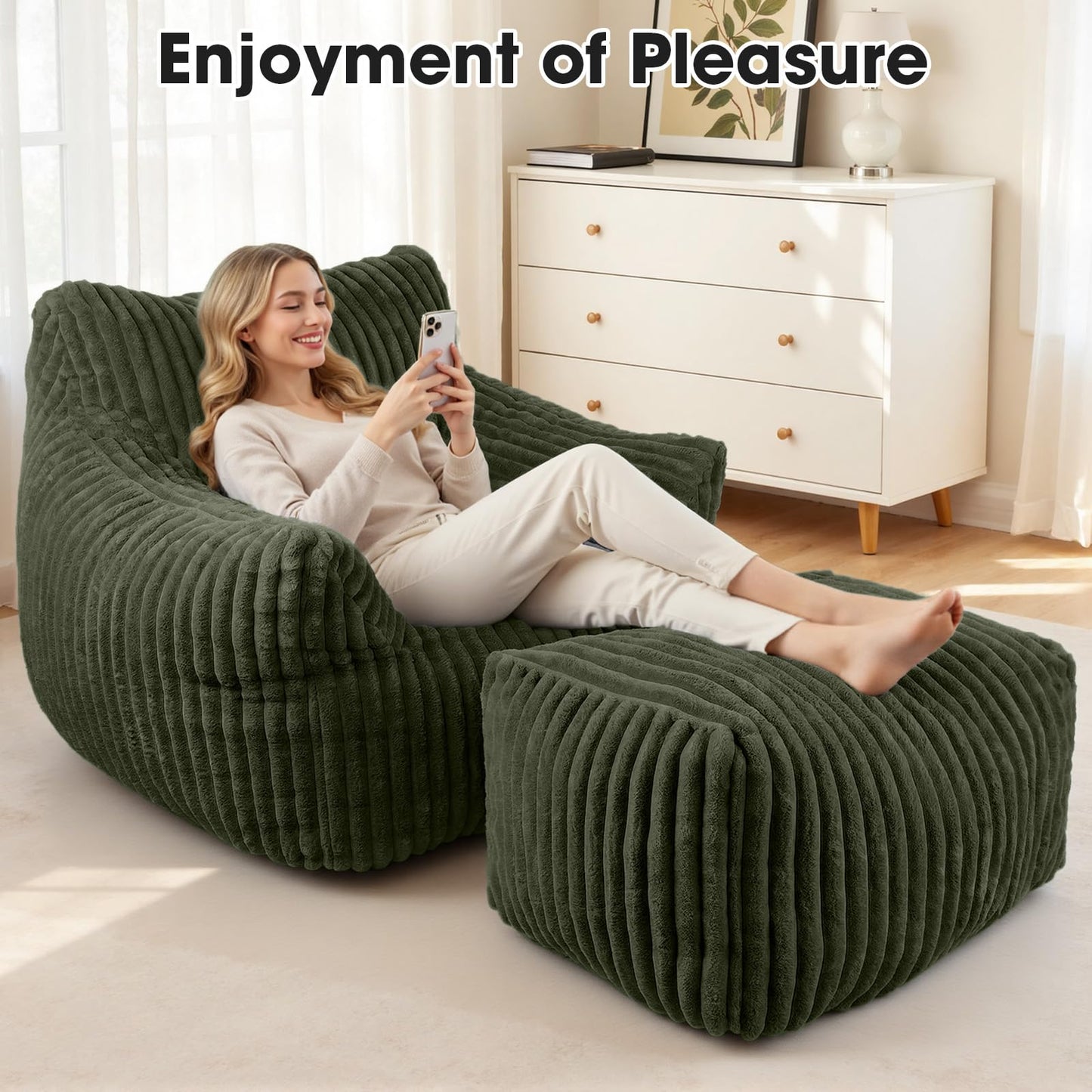HarborHue Giant Bean Bag Chair with Ottoman, Oversized Memory Foam Bean Bag Sofa for Adults and Kids, Large Comfy Fluffy Single Lounges Mini Couch for Living Room, Bedroom & Dorm(Green)