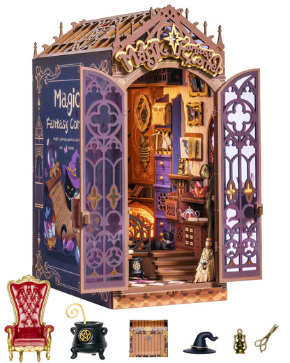 ROBOTIME Book Nook Kit, DIY Miniature House Kit, 3D Wooden Puzzle Bookends, Witch Study Room Bookshelf Decor, Creative Unique Gifts for Adults (Magic Fantasy Corner)