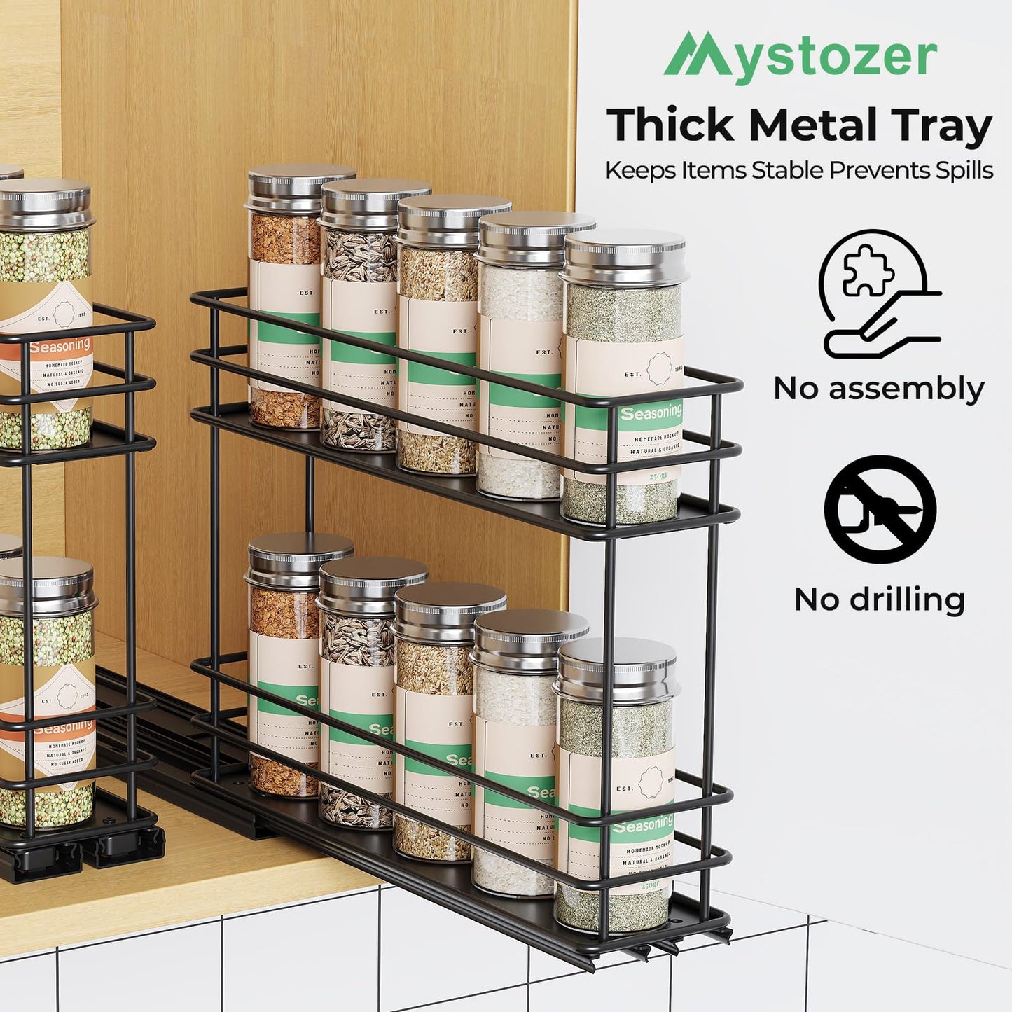 Pull Out Spice Rack Organizer for Cabinet, Slide Out Spice Racks, Easy to Install, 2.1''Wx10.35''Dx8.26''H, 3 Drawers 2 Tiers(Black)