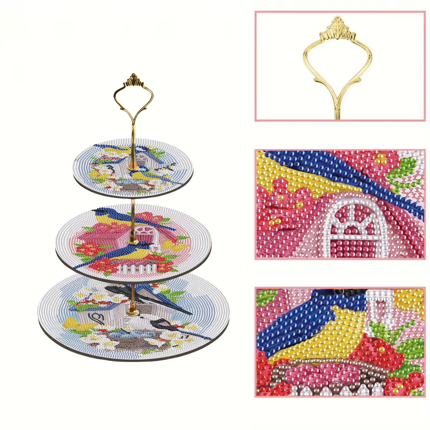Three-Tier Diamond Painting Wooden Cake Stand DIY Sunflower Diamond Painting Cupcake Towel-Lined Tiered Tray Reusable Pastry Stand (Little Bird)
