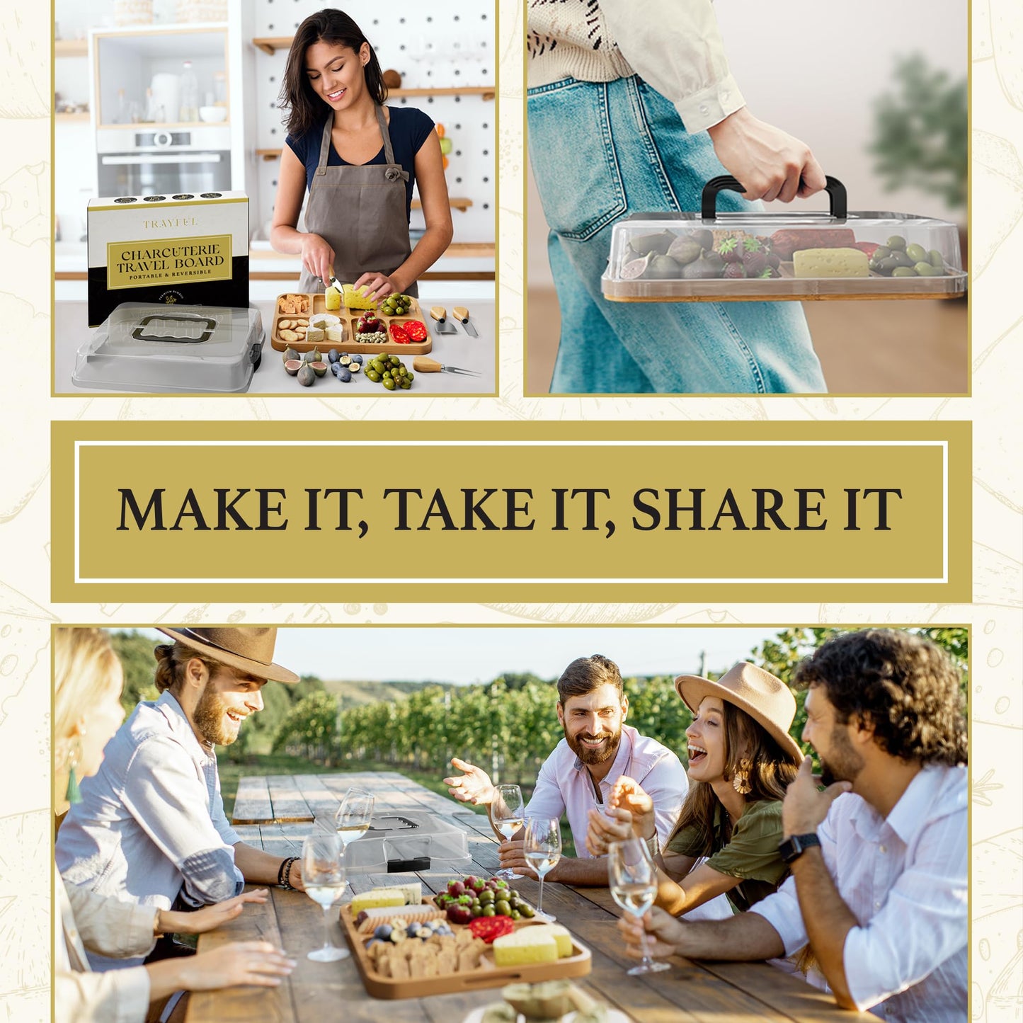 Trayful Charcuterie Board with Lid - Reversible, 2-in-1 Travel Portable Cheese Board for Picnics & Entertaining - Housewarming Gift Set Idea - Covered Snack Serving Tray - Large Food Platter