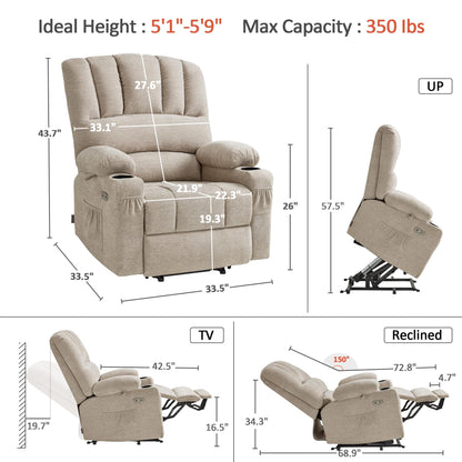 MCombo Power Lift Recliner Chair for Elderly, Lift Chair with Heat and Massage, USB &Type C Ports, Cup Holders, Fabric 7095 (Medium, Beige)