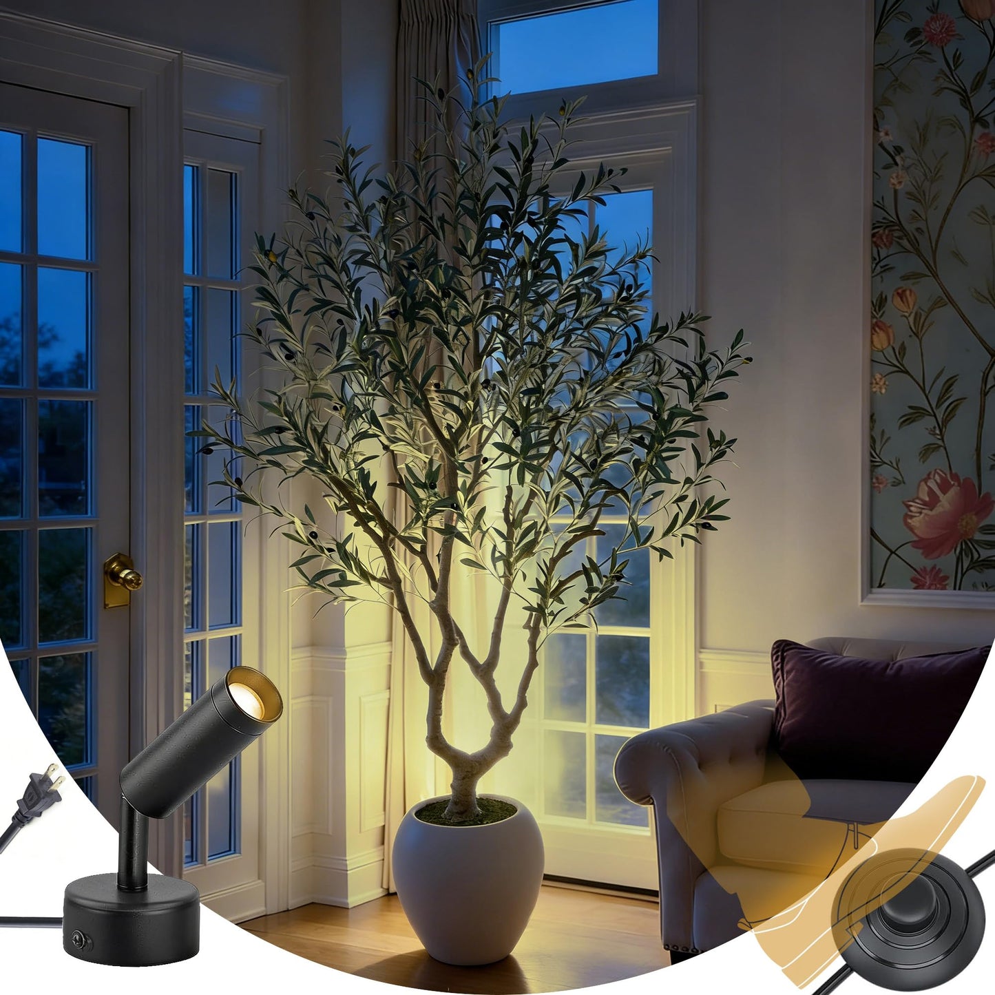 Bellacat 7ft Faux Olive Tree with Warm White Spotlight & 15''D x 13.5''H Large White Planter, 84in Fake Olive Tree with Lifelike Leaves& Fruits, Artificial Olive Tree Indoor for Home & Office Decor