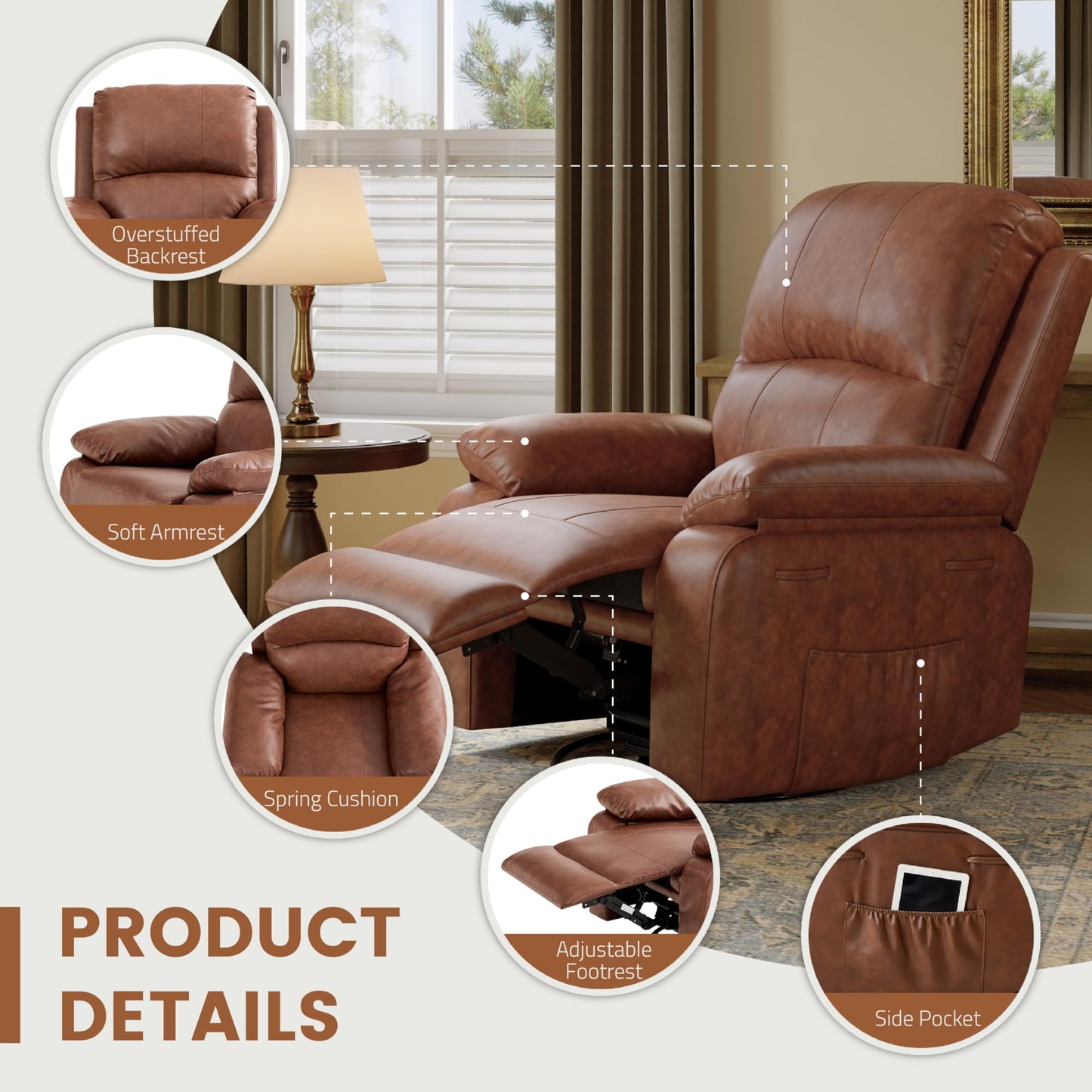 Attalee Leather Swivel Rocker Recliner Chair, Traditional Manual Chair, Upholstered Nursery Glider Rocking Recliner, Comfy Faux Leather Single Sofa with Pocket Spring for Living Room, Camel