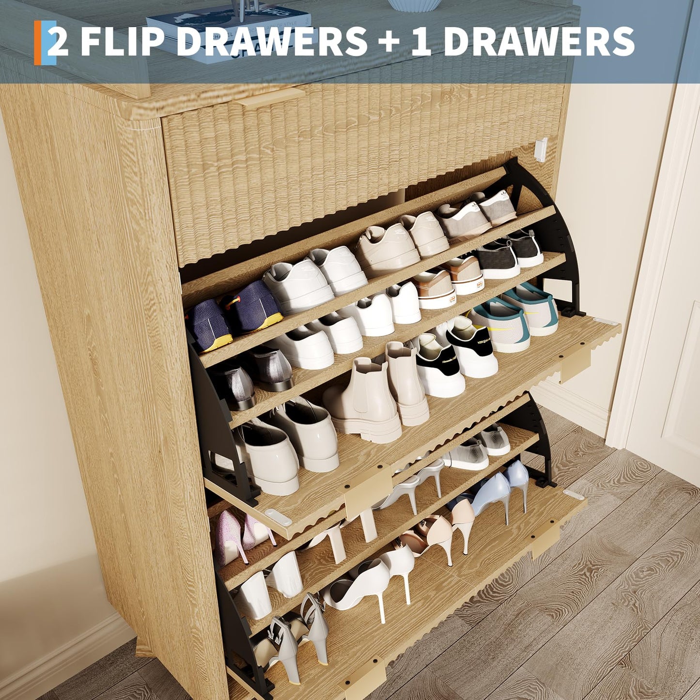 IDEALHOUSE 48" Tall Freestanding Fluted Shoe Storage Cabinet with 2 Flip Drawers, Hidden Narrow Shoe Rack Organizer Cabinet Storage for Entryway Living Room