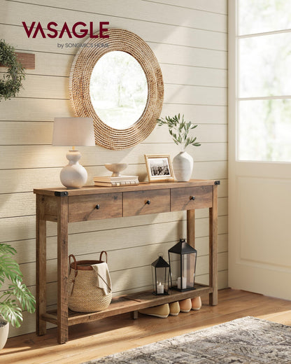 VASAGLE LIRY Collection - Console Table with 3 Drawers and Open Storage Shelf, Narrow Entryway Sofa Table for Living Room, Farmhouse Style, Metal Corners, Honey Brown ULNT142KB02S