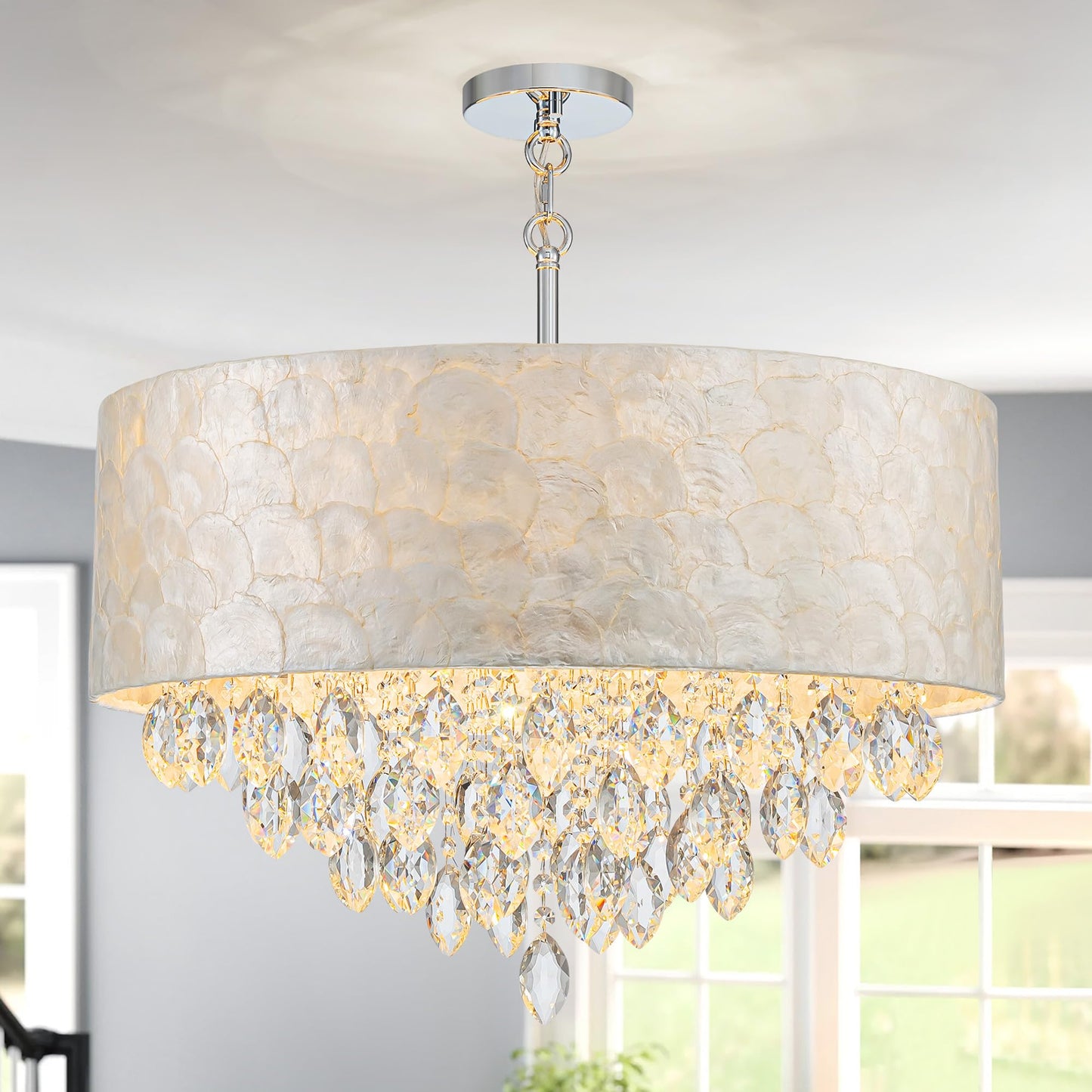 Pine Flicker X-Large 6-Light Drum Capiz Shell K9 Crystal Chandelier, Coastal Style Pendant Light Fixture for Dining Room, Living Room, D24 * H24~70 inch (Adjustable), Clear Crystal & Chrome Finish