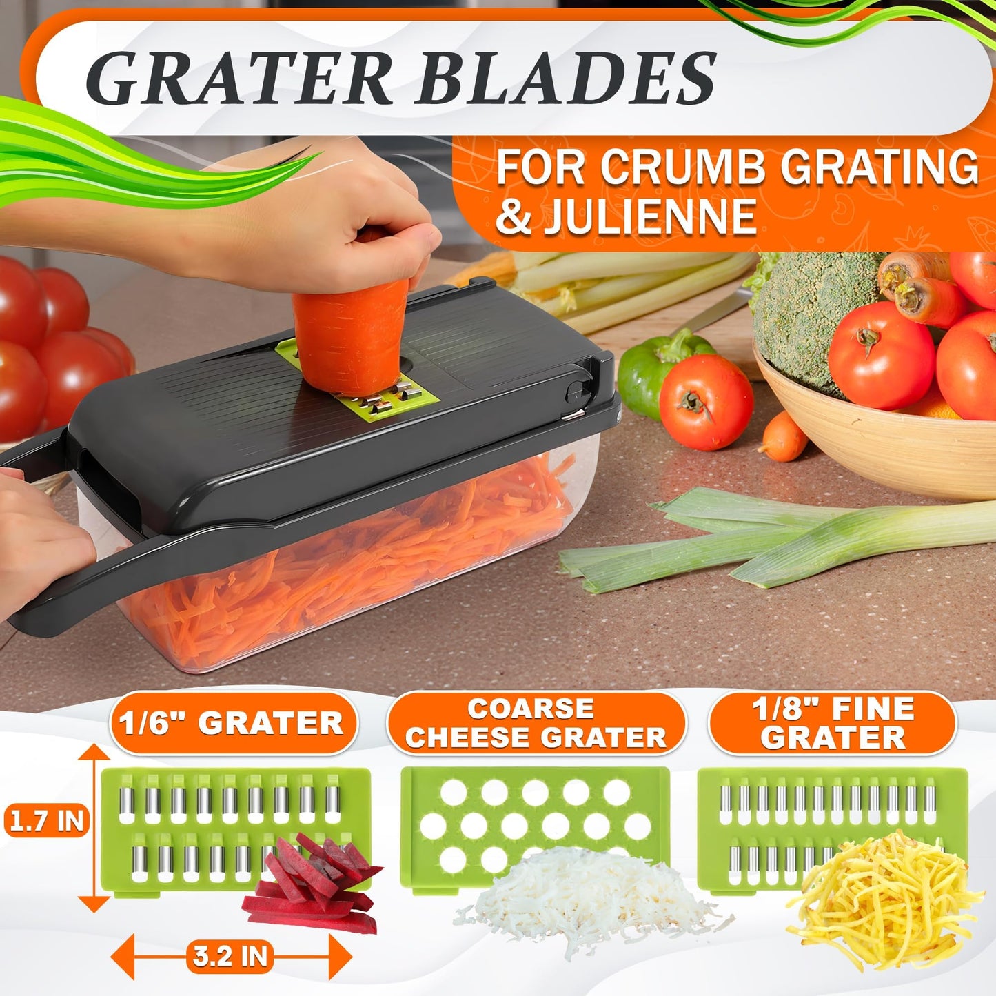 14-in-1 Vegetable Chopper with Container – Veggie Chopper with Container and Lid Includes 6 Blades, Cheese Grater, Egg Separator | Finger Guard, Dishwasher Safe – Veggie Dicer for Chips, Cubes, Strips