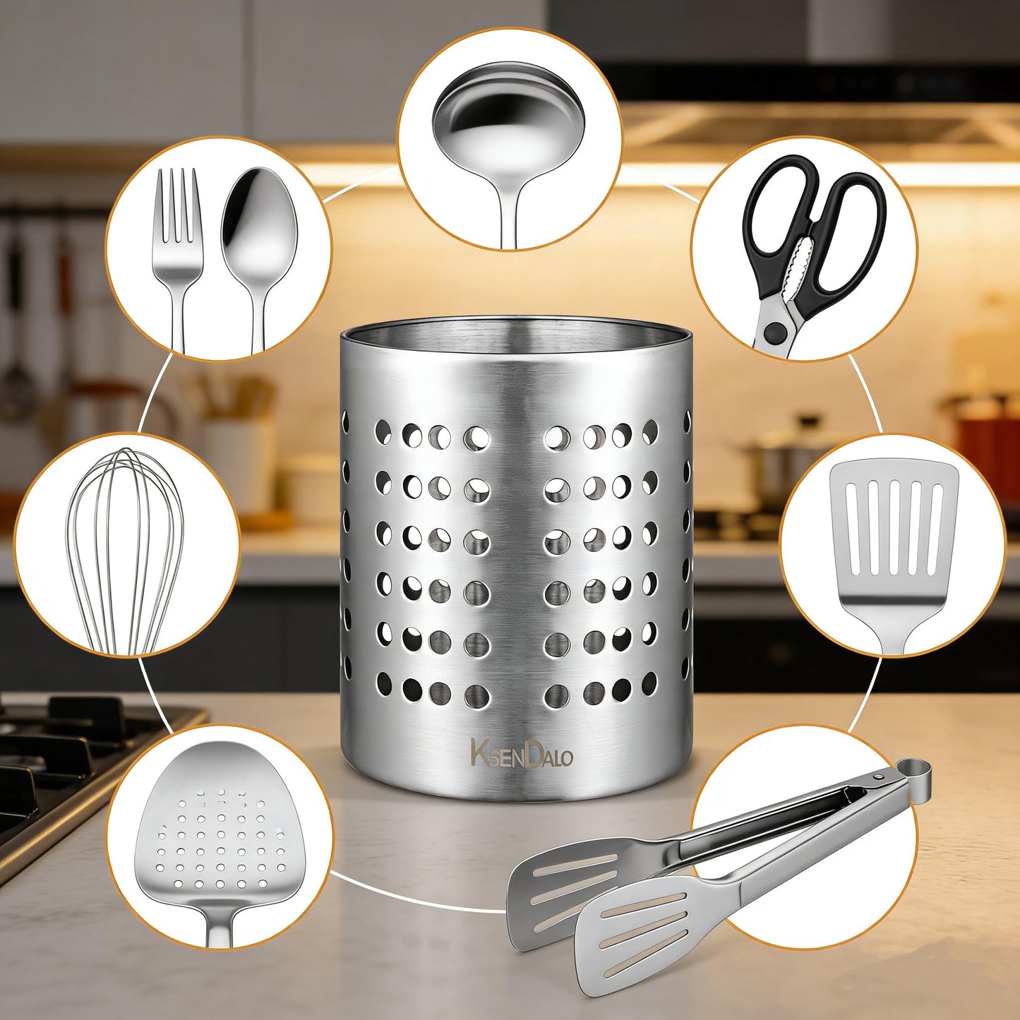 KSENDALO Small Stainless Steel Utensil Holder, SUS304 Silverware Utensil Drying Rack, Utility Sturdy Home Kitchen Daily Use Utensil Drainer for Countertop, Silver (5.32inch Tall)