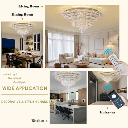 30 inch Flush Mount Crystal Chandeliers with Remote and APP Gold, Modern Elegant LED Crystal Raindrop Ceiling Light Fixture, 3CCT Dimmable, for Living Room Kitchen Island Bedroom Entryway Foyer