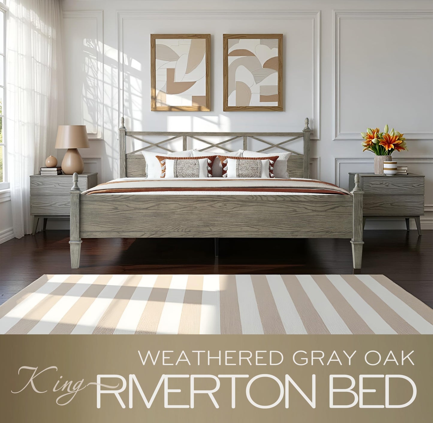 King Size Platform Bed Frame with Solid Wood Headboard & Footboard, 12 Heavy-Duty Slatted, Metal Legs, Anti-Slip & Noise-Free, Easy Assembly, No Box Spring Needed, Weathered Gray Oak Finish RIK-34