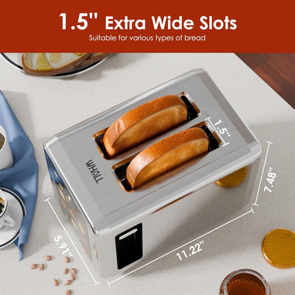 WHALL Touch Screen Toaster - 2 Slice Smart Toaster with Digital Timer & 6 Shade Settings | Stainless Steel, Silver