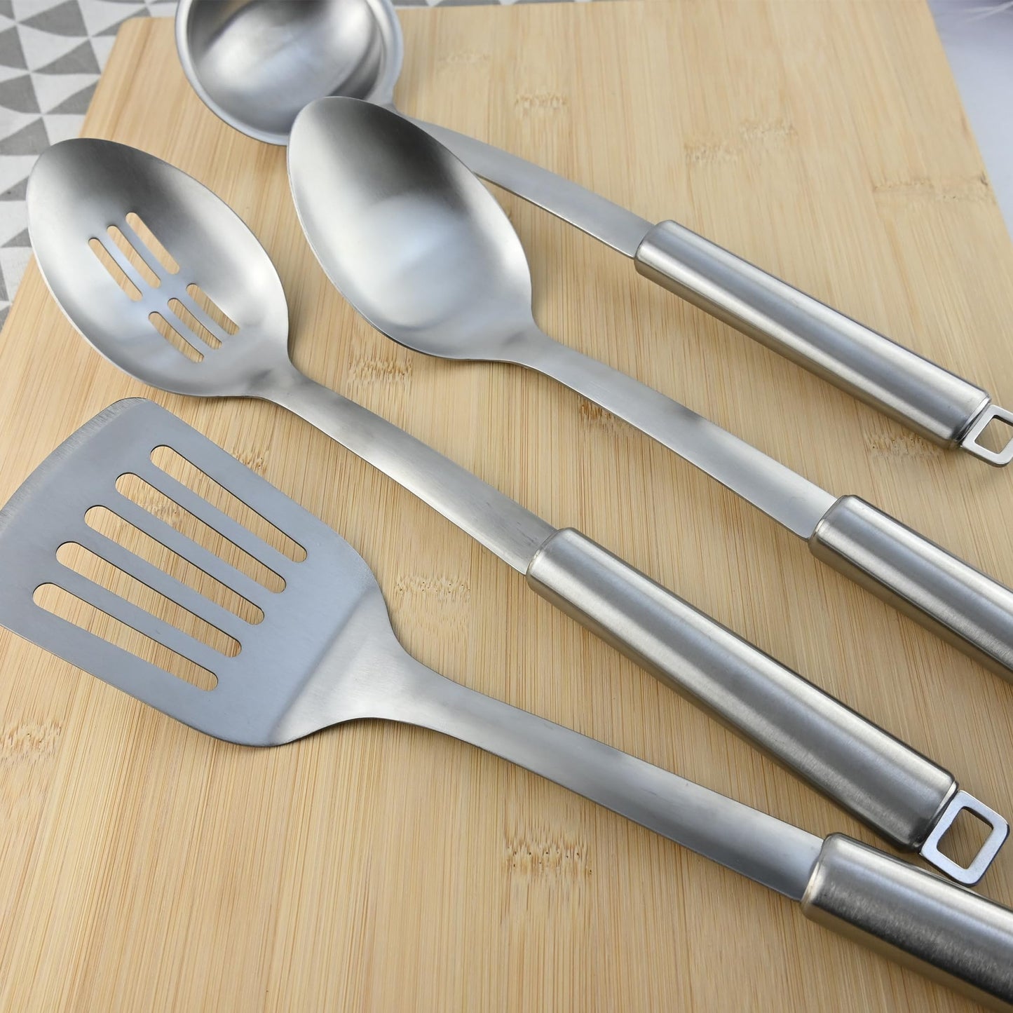 MUJINON 18/0 Stainless Steel Kitchen Cooking Utensil Set, Ergonomic Handle, Dishwasher Safe, Slotted Spoon, Ladle, Turner, Serving Spoon for Housewarming Daily Use Commercial, Pack of 4