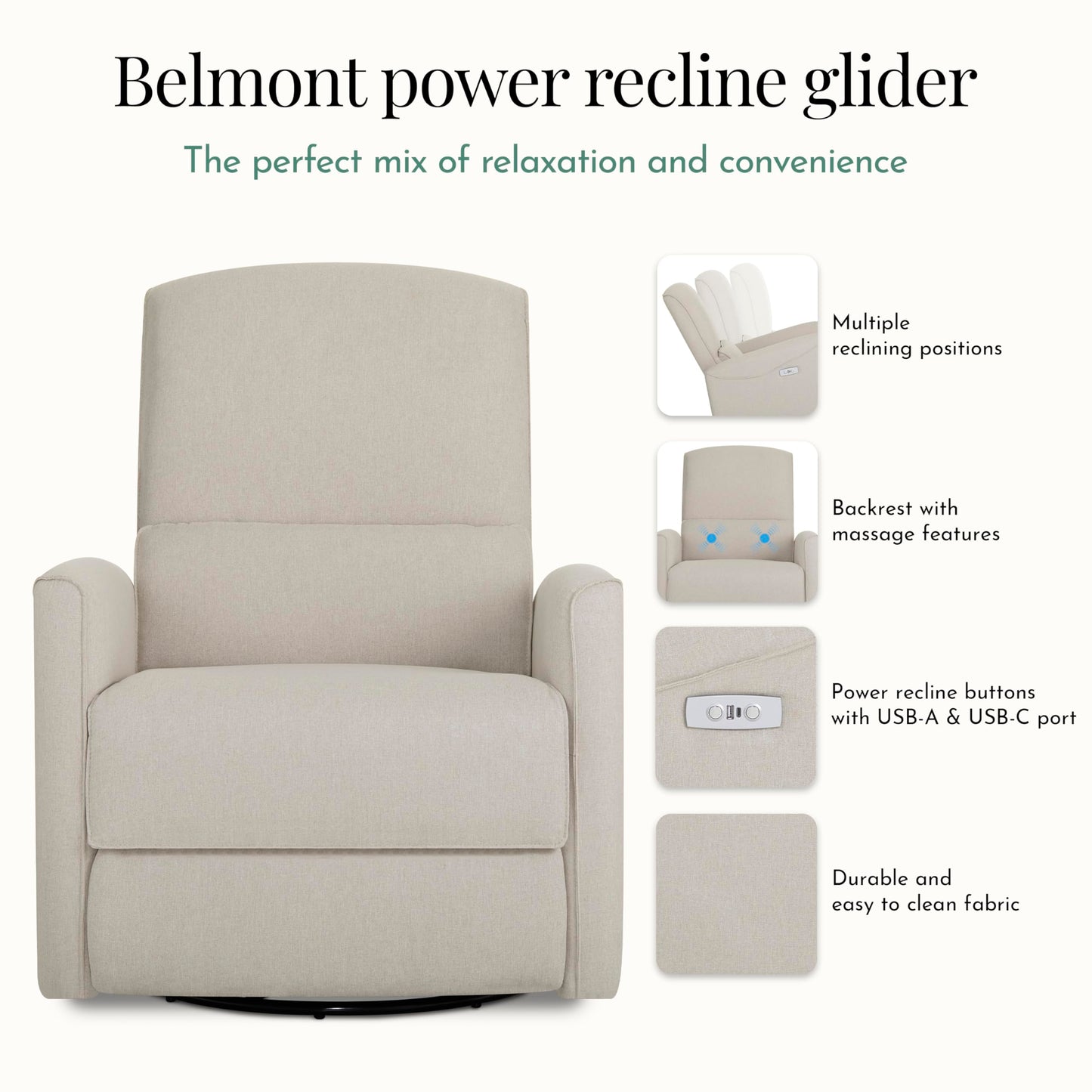 Evolur Belmont Nursery Glider Chair with Massager in Light Sand, Power Recliner with 275° Swivel, Lumbar Support Modern Rocking Chair for Baby Room, Nursery & Living Room