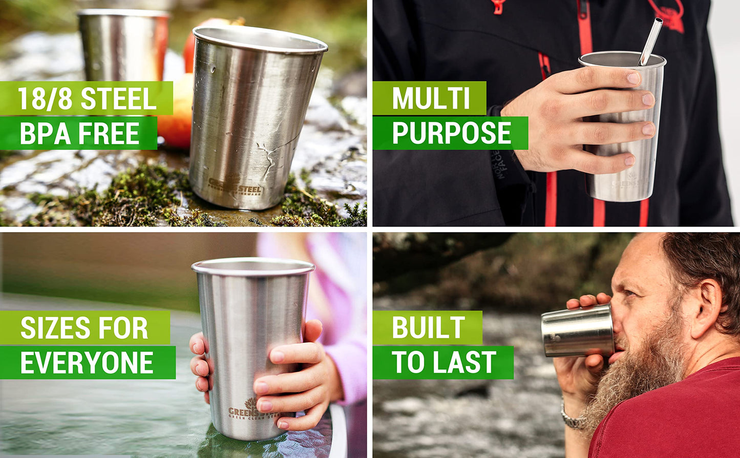 Greens Steel #1 Premium Stainless Steel Cup, 16 oz Pint Cups (4 Pack) Premium Metal Cups - Stackable Durable Cup