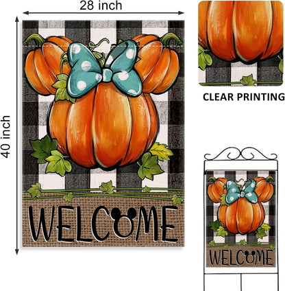 Welcome Fall Pumpkin Decorative House Flag, Autumn Thanksgiving Buffalo Plaid Check Garden Yard Decor